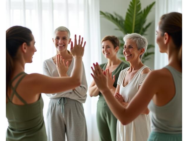 Diverse group of adults in their mid-career years engaging in a healthy activity like gentle yoga or discussion in a bright, modern wellness space, symbolizing balanced energy and vitality. Focus is on collaboration and support.