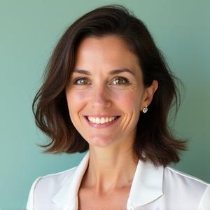 Portrait of Dr. Amelia Thorn, a warm and confident licensed mental health professional in her early 40s, with a relaxed smile. She has empathetic eyes and a friendly demeanor.