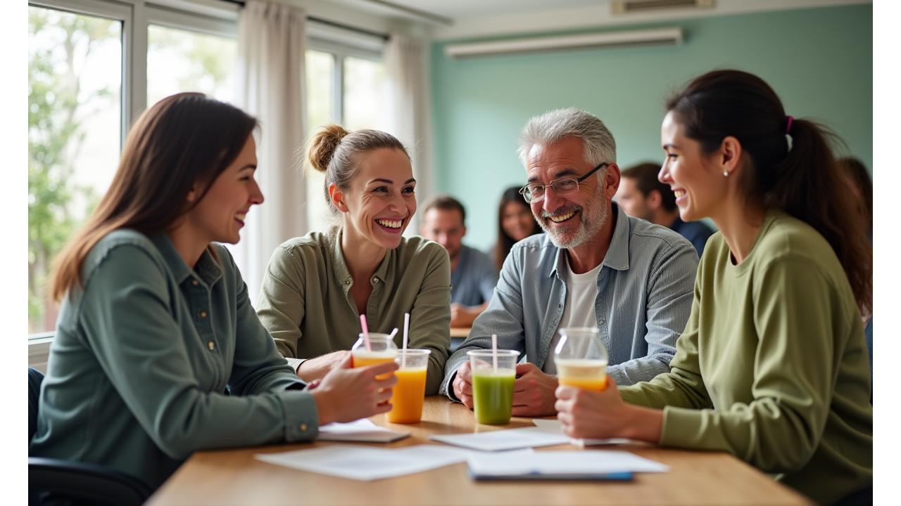 Diverse group of adults over 35 smiling and interacting in a bright, modern wellness community setting.
