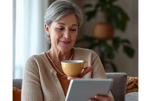 Woman enjoying morning coffee and reading a scientific journal on a tablet, symbolizing daily learning and wellness insights.