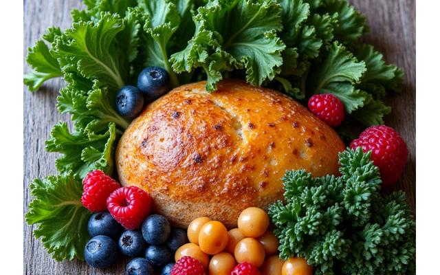 Fresh, vibrant ingredients like leafy greens, colorful berries, and lean protein on a wooden board, with a blurred background of a modern kitchen, symbolizing healthy nutrition research.