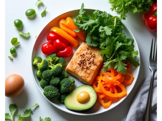A balanced plate of vibrant, nutrient-dense foods emphasizing whole, unprocessed ingredients, representing principles of functional nutrition and gut health.