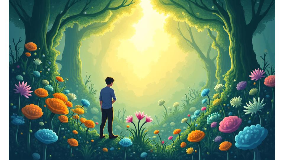 An abstract illustration showing a healthy gut microbiome with balanced gut flora, radiating health and energy, representing transformation and vitality.