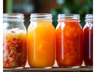 Various jars of colorful fermented foods like kimchi, sauerkraut, kefir, and kombucha, displayed in a rustic kitchen setting, symbolizing healthy probiotics.