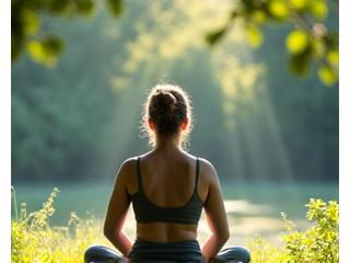 A person practicing gentle yoga outdoors in a serene, natural setting with lush greenery, emphasizing the connection between mindful living, stress reduction, and gut health.