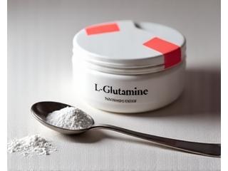 A container of L-Glutamine powder beside a spoon, symbolizing targeted gut healing and intestinal lining support.
