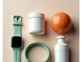 Array of modern wellness products like smartwatches and supplements