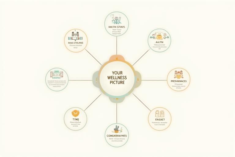 Infographic showing interconnected wellness factors: health status, Austin lifestyle, preferences, time constraints, budget, and existing routines, designed for adults 35+