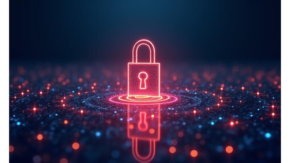 Digital lock icon over a secure network visualization, representing robust data protection measures.
