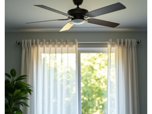 Ceiling fan circulating air in a bedroom, representing cooling solutions for Austin summers