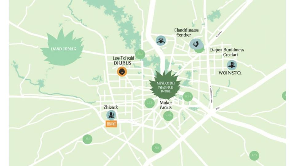 Stylized map of Austin, highlighting key areas like Zilker Park, Lady Bird Lake, and downtown, with pins indicating mindfulness centers and green spaces.