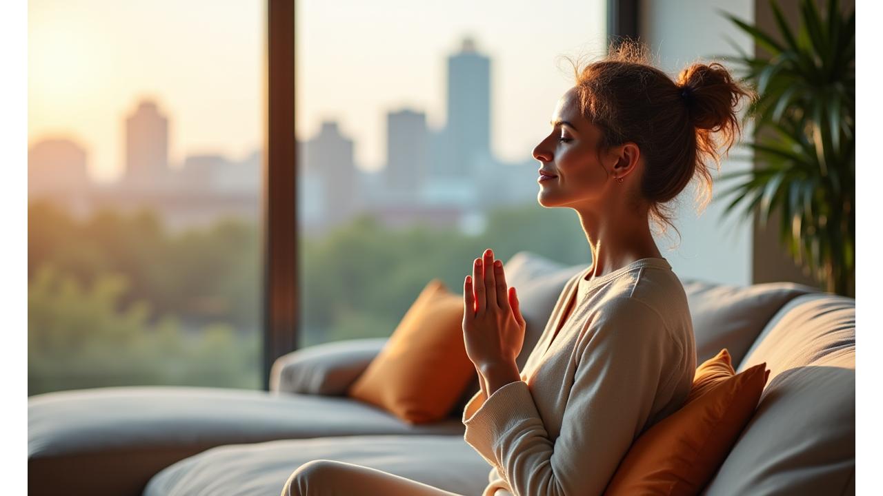 A serene woman aged 40-50, practicing mindfulness in a modern, light-filled Austin apartment with cityscape in background, looking calm and balanced.
