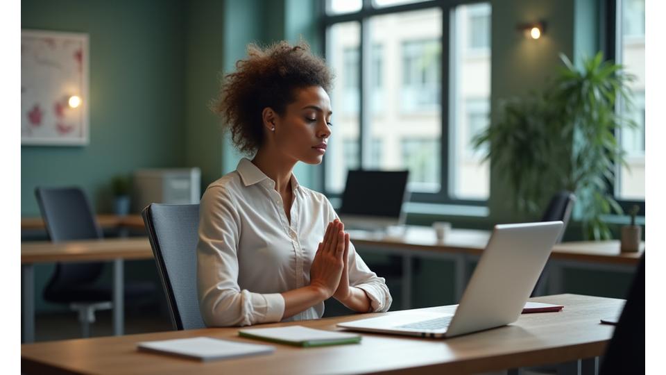 A person doing gentle desk stretches in a modern office with natural light.