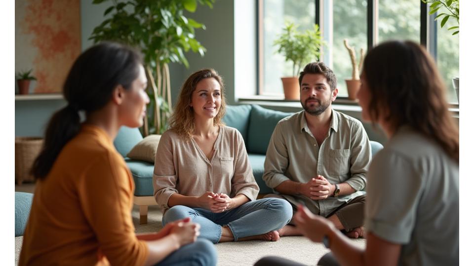 Several adults 35-50 years old participating in a mindful group discussion in a modern, calm wellness studio in Austin.