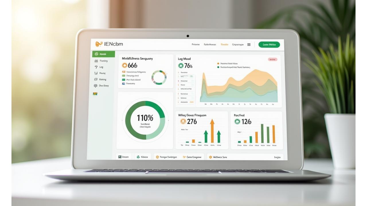 A clean, modern digital dashboard interface showing stress levels, mood tracking, and mindfulness session streaks with charts.