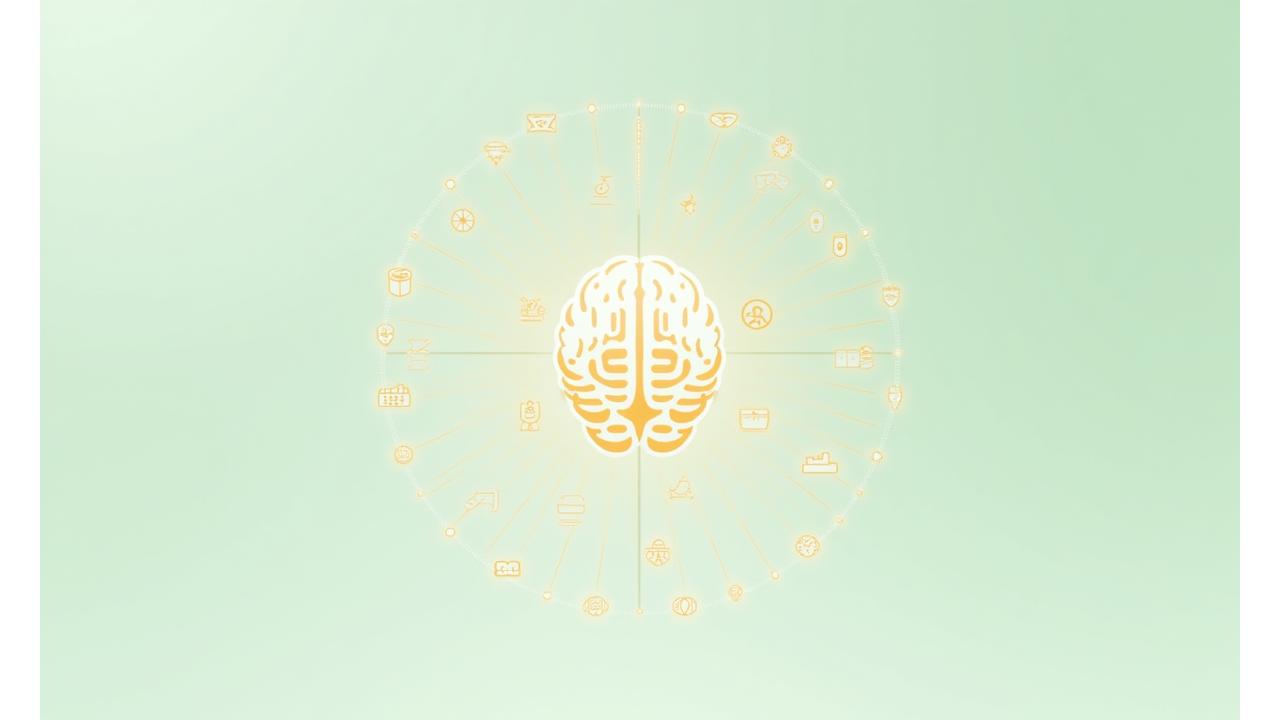 Abstract representation of data flowing into and out of a brain-like AI symbol, surrounded by health-related icons like a heart, brain, and exercise figures. Clean, modern, and high-tech.