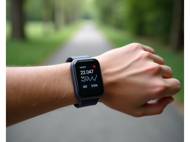 Sleek, modern fitness tracker on a wrist, tracking heart rate and steps during a moderate walk.