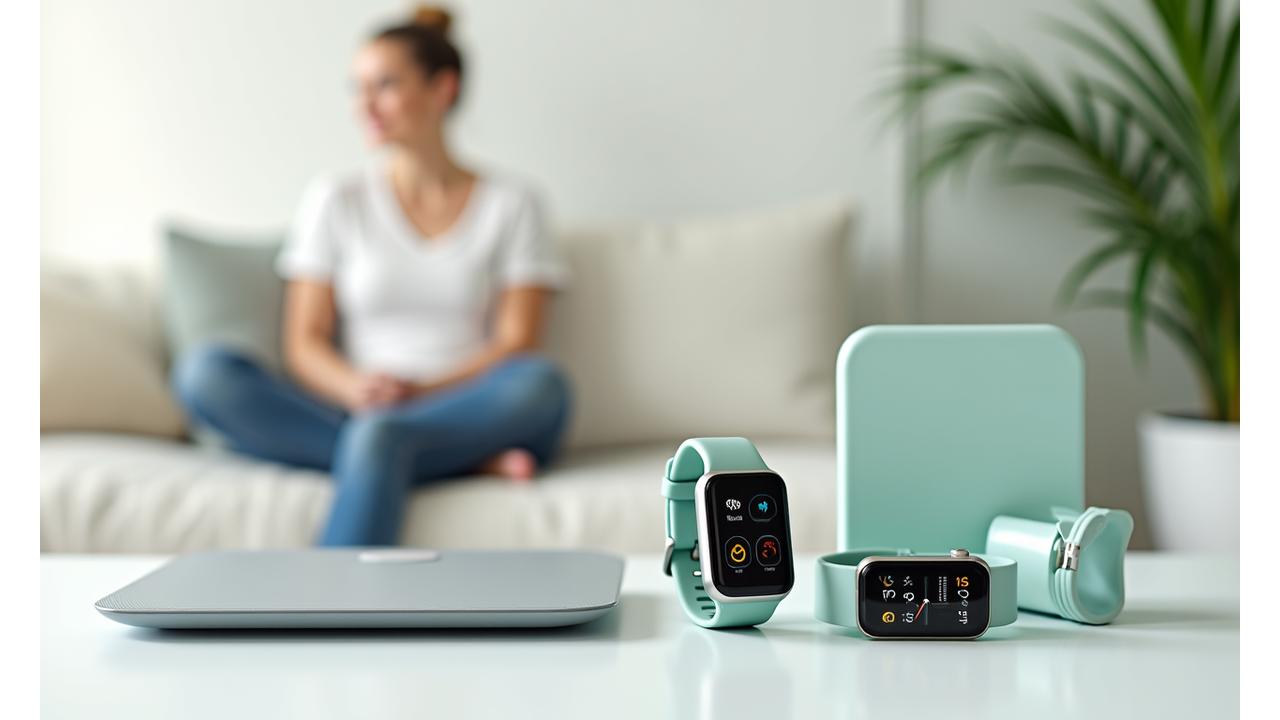 Diverse modern wearable devices and smart health gadgets displayed elegantly on a clean surface, with a blurred background of a calm, healthy adult using tech.
