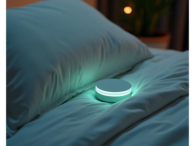 Subtle, non-invasive sleep tracking device placed beside a pillow on a bed, indicating calm and restful sleep.