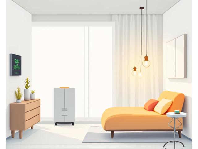 Illustration of a modern, clean smart home interior with subtle glowing icons representing integrated wellness devices: a smart thermometer, air purifier, and circadian lighting fixtures. High-tech, inviting atmosphere.