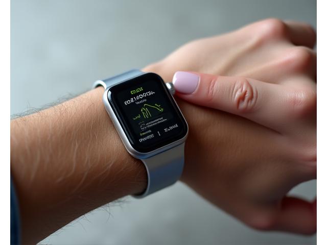 Elegant smartwatch displaying health metrics like ECG and blood oxygen, worn by a person with a mature hand.